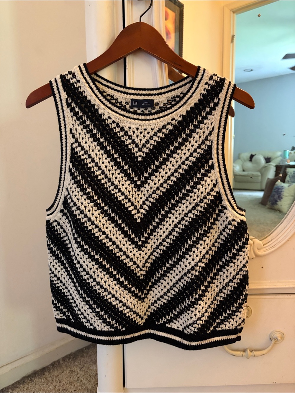 GAP Cream and Black Crocheted Knit Sleeveless Sweater